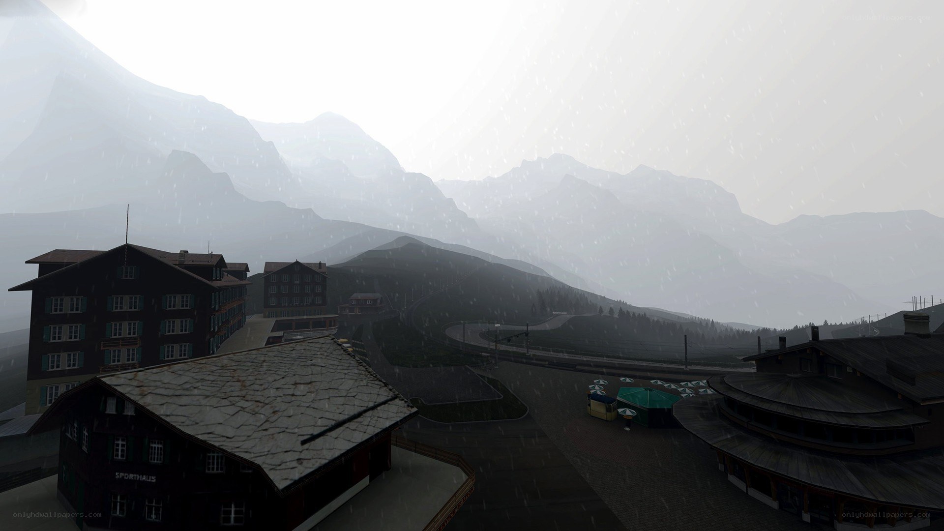 Mountain village in fog