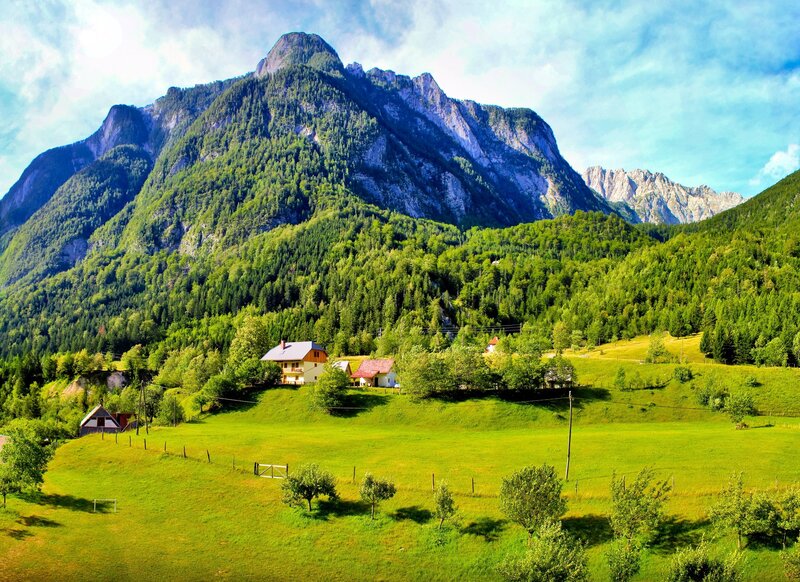 Mountain village in green valley