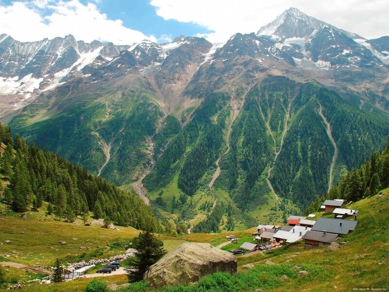 Mountain Village in Valley — Green, Serene, Summer, Photograph