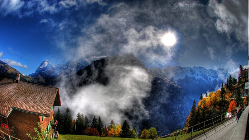 Mountain Village Landscape — Blue, Dramatic, Afternoon