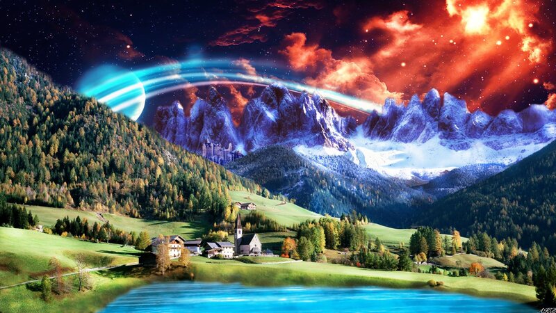 Mountain Village Landscape — Blue, Dramatic, Night