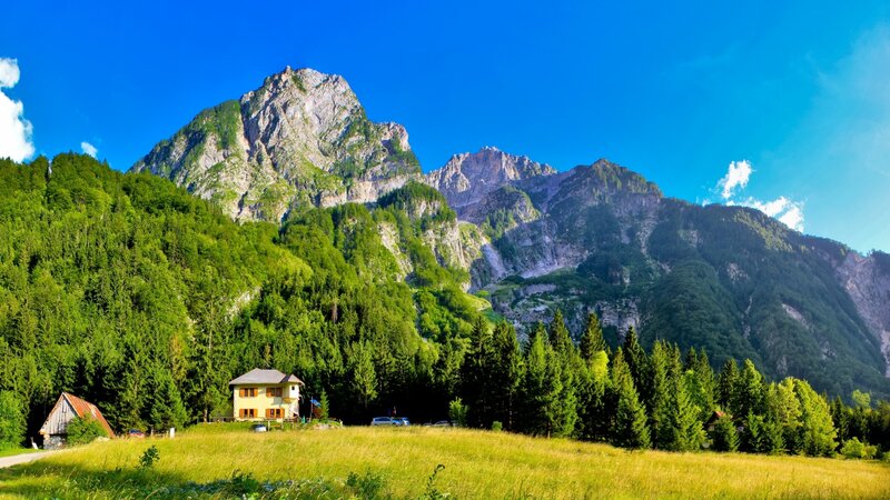Mountain Village Landscape — Blue, Serene