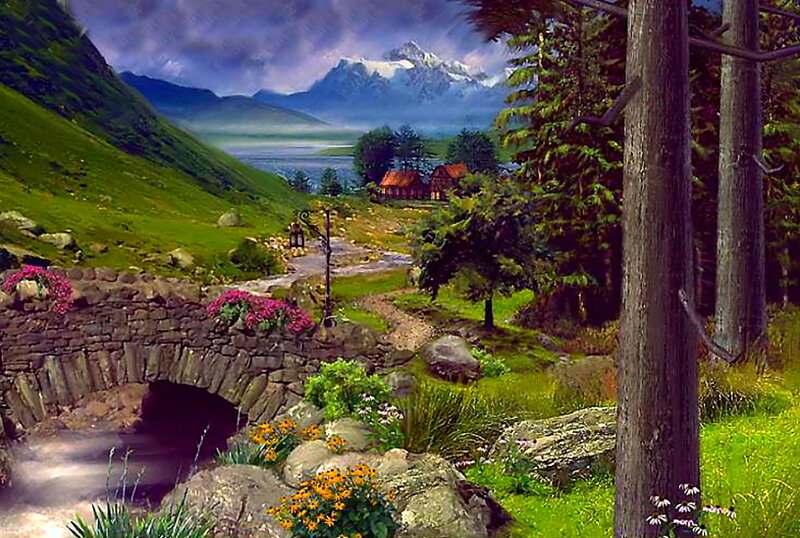 Mountain Village Landscape — Green, Serene, Afternoon, Painting