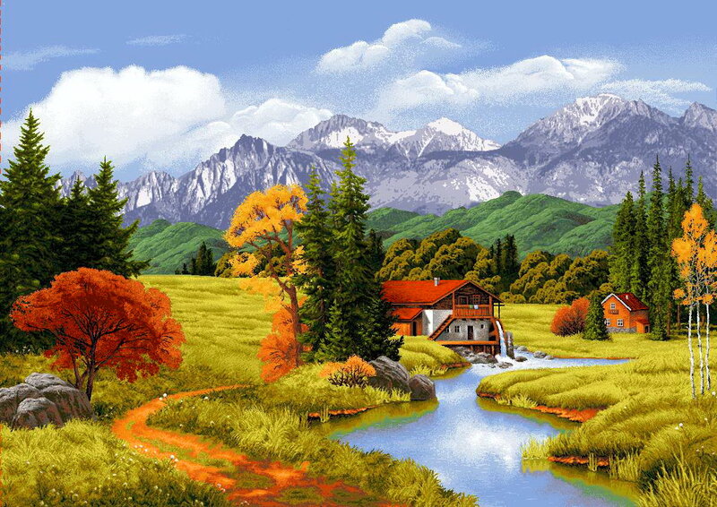 Mountain Village Landscape — Green, Serene, Autumn