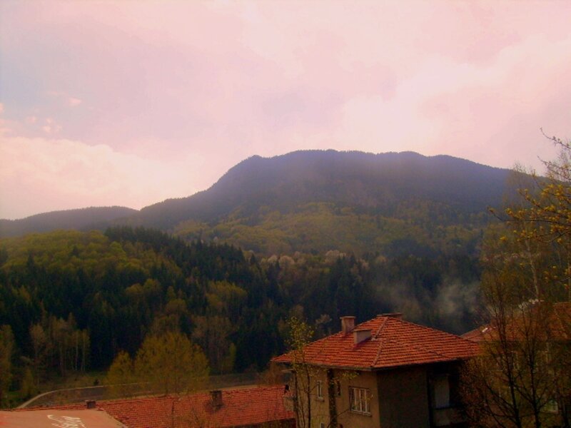 Mountain Village Landscape — Green, Serene, Sunset