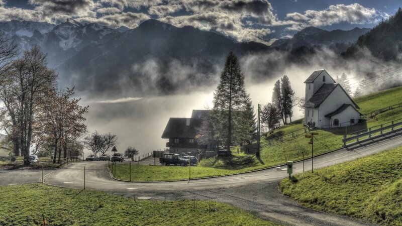 Mountain Village Scene — Green, Dramatic, Morning