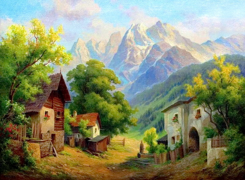 Mountain Village Scene — Green, Serene