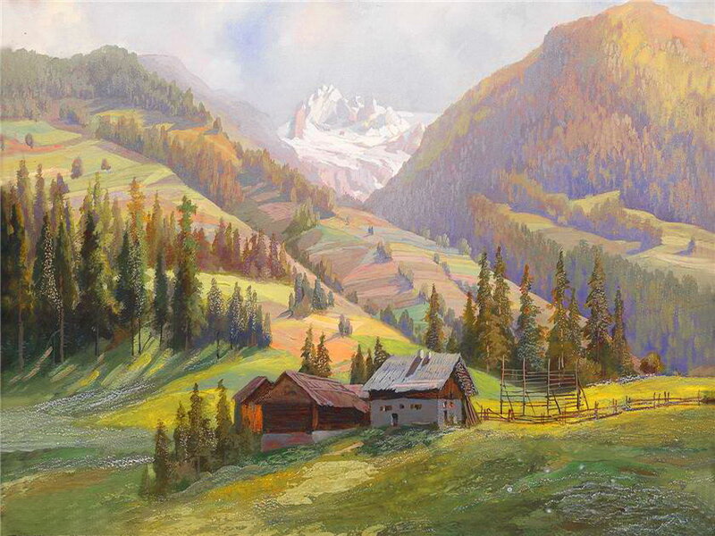 Mountain Village Scene — Green