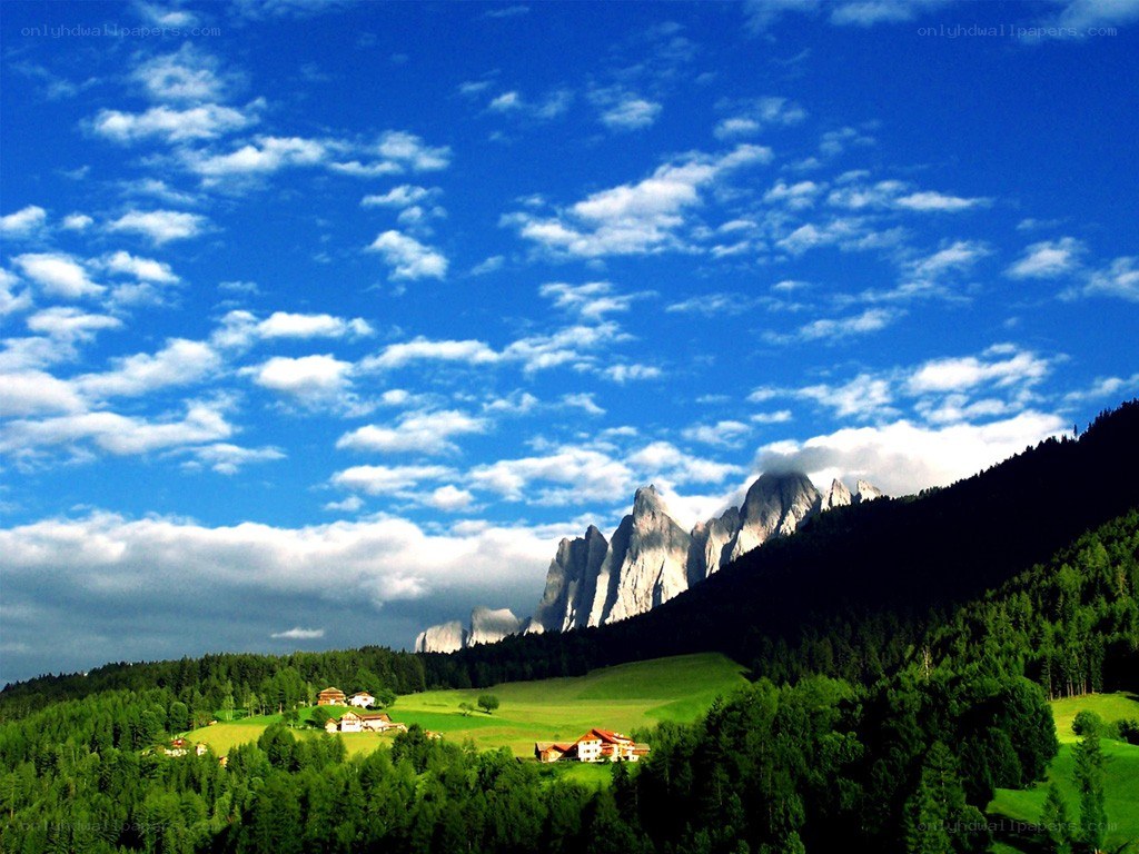 Mountain village under blue sky