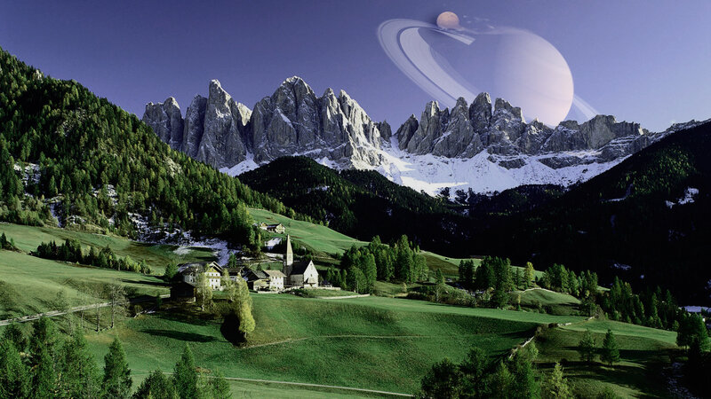 Mountain village with alien planet