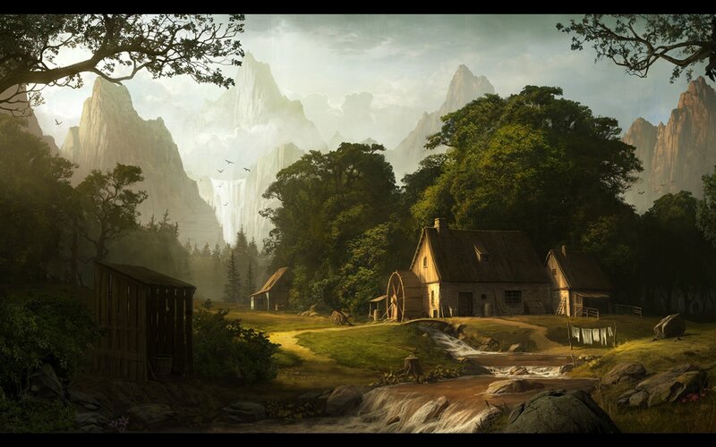 Mountain village with waterfall