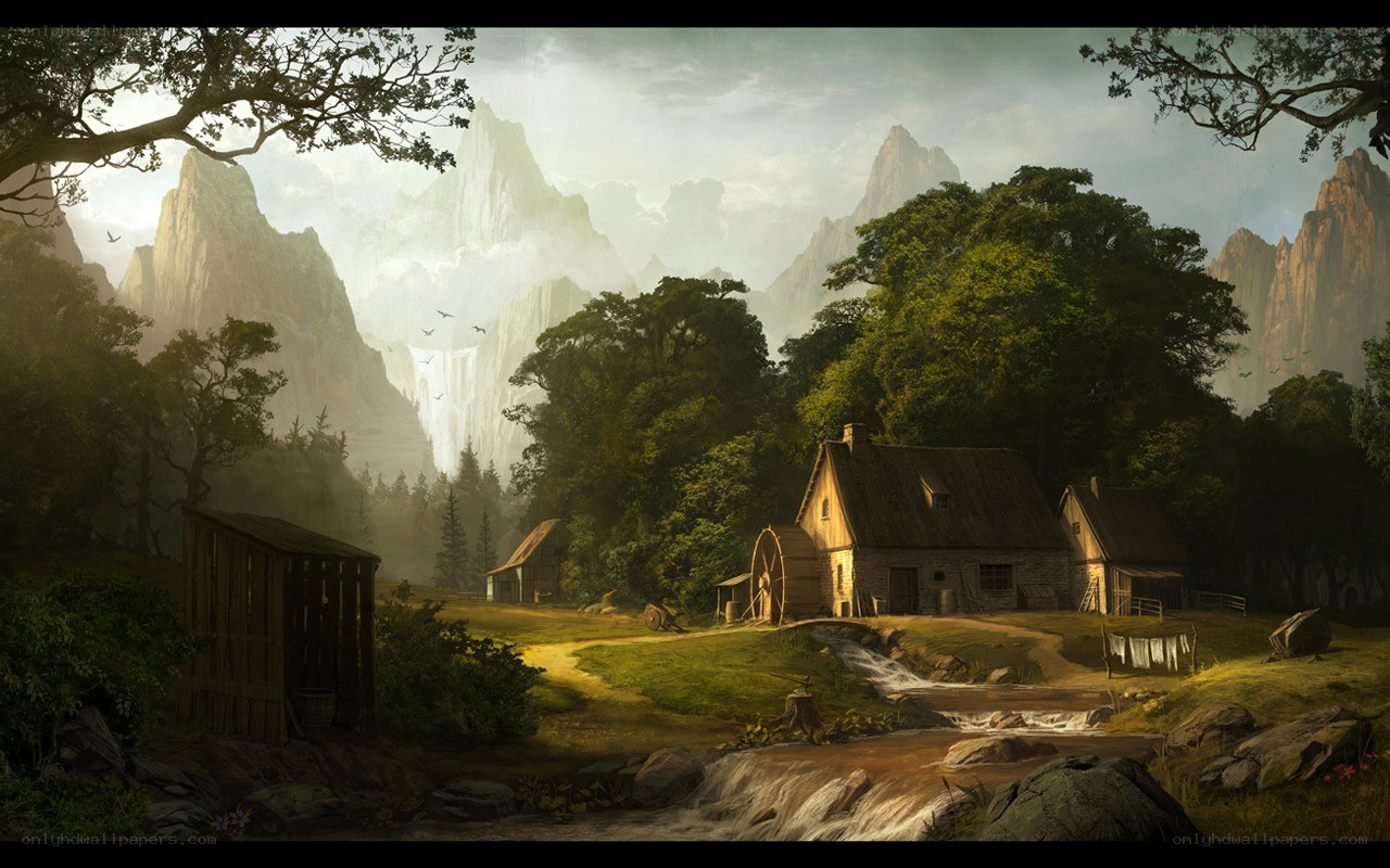 Mountain village with waterfall