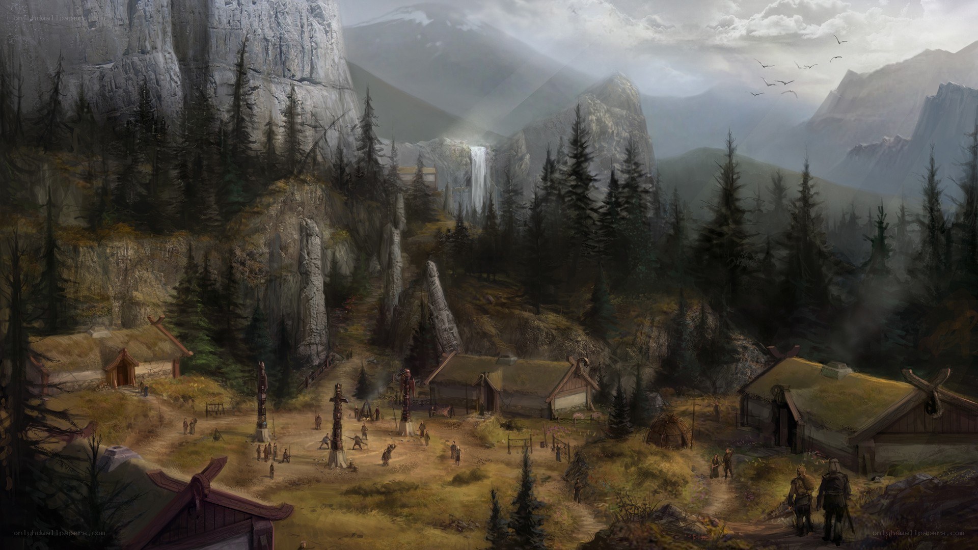 Mountain village with waterfall