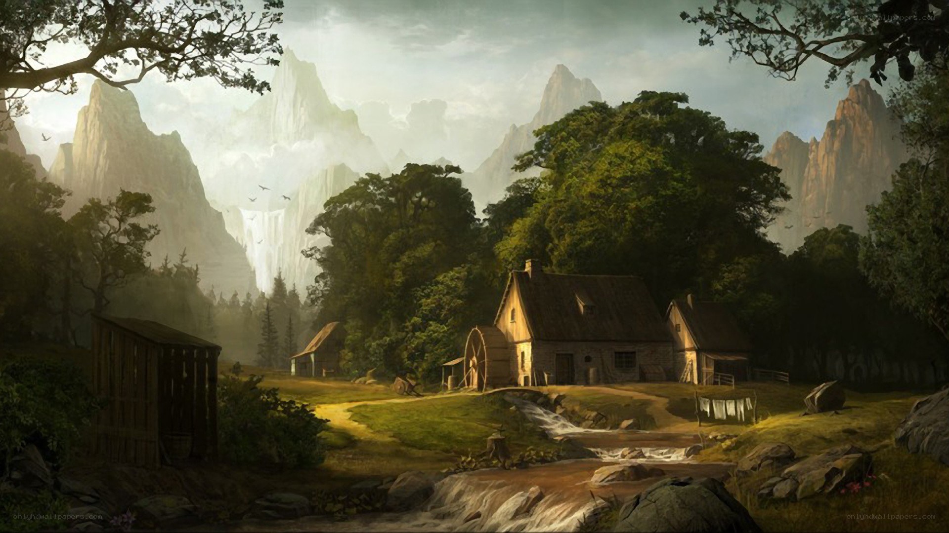 Mountain village with waterfall