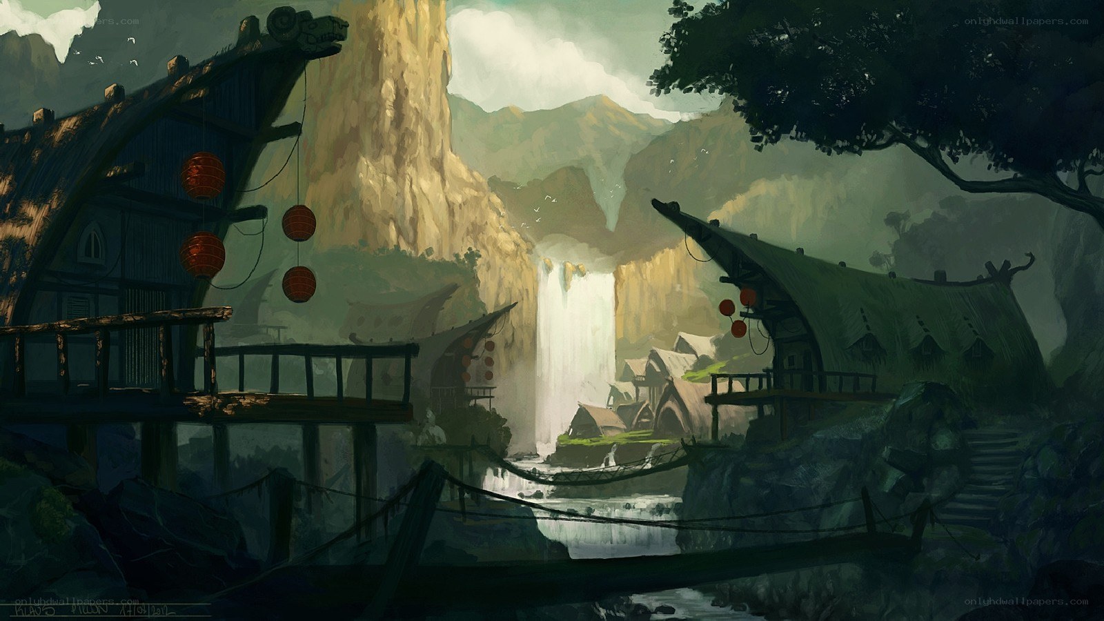 mountain village with waterfall