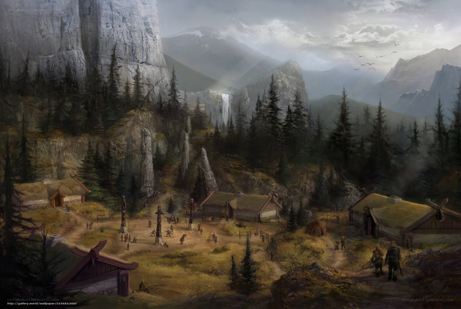 Mountain village with waterfall
