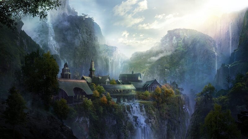 mountain village with waterfalls