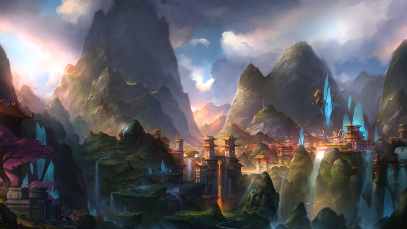 Mountain Village with Waterfalls — Blue