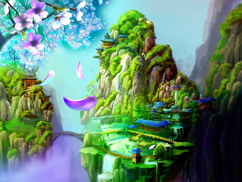 Mountain Village with Waterfalls — Green