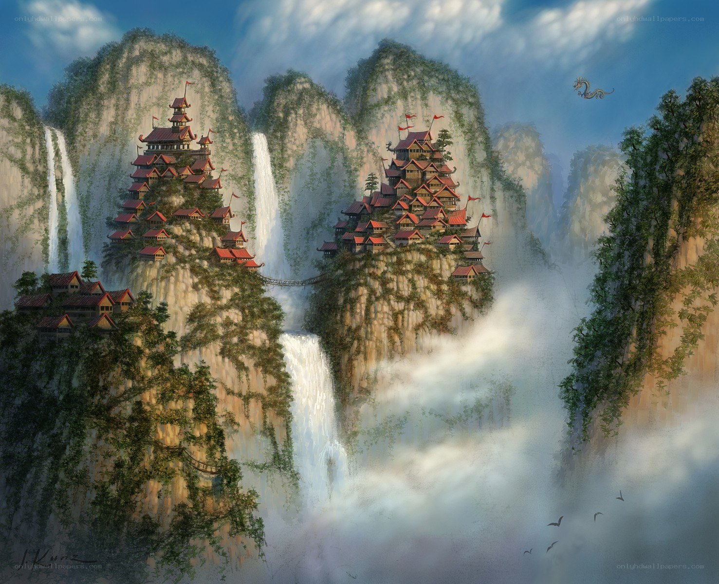 Mountain village with waterfalls