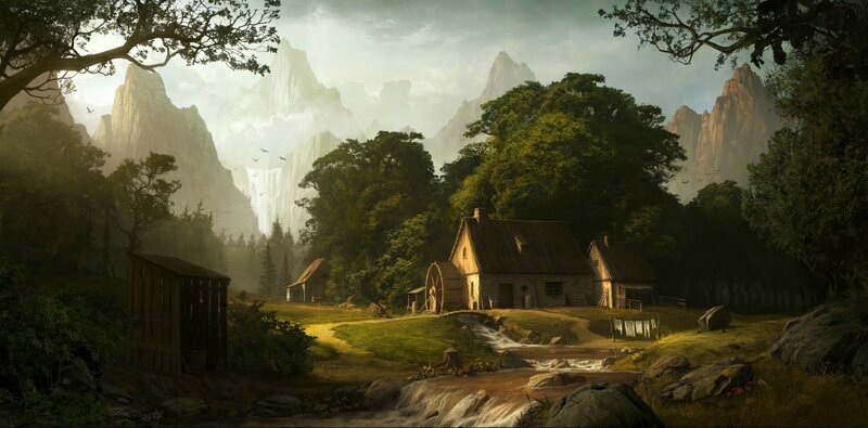 Mountain village with watermill
