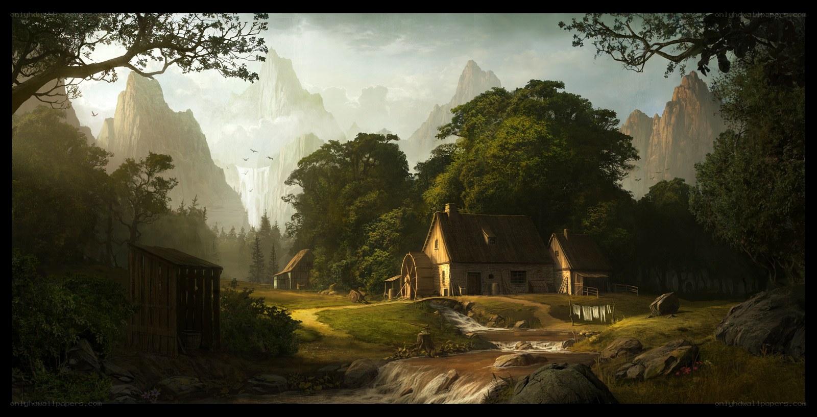 Mountain village with watermill