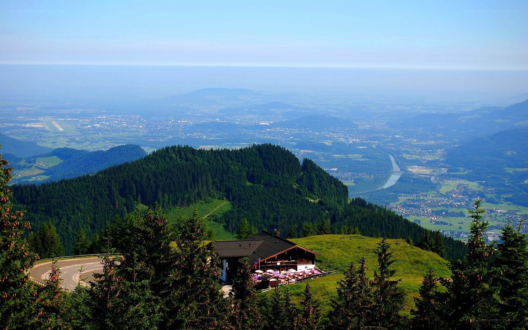 Mountain vista with alpine hut