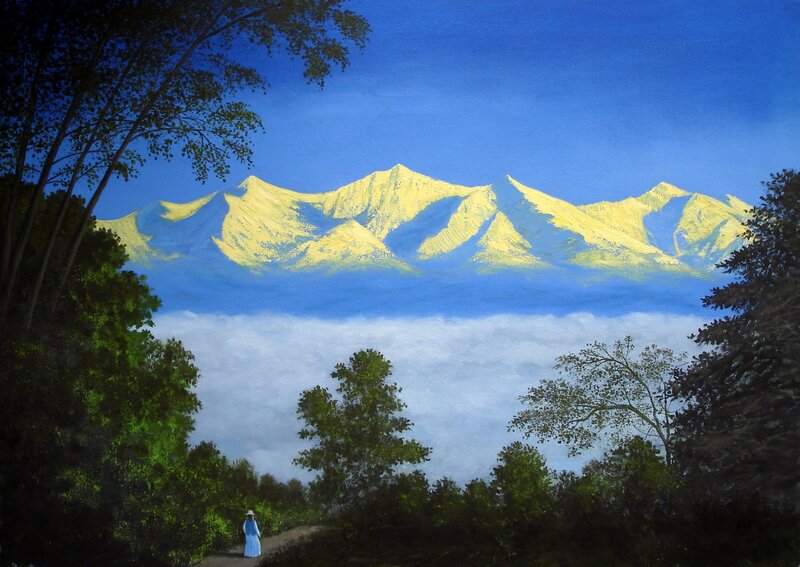 Mountain vista with lone traveler