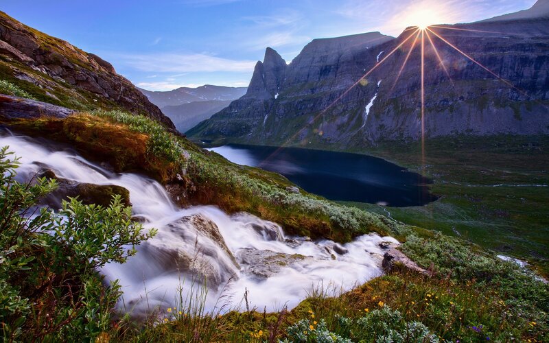 Mountain Waterfall and Lake — Blue, Serene, Sunrise