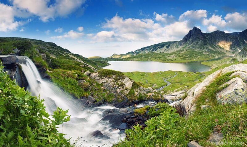 Mountain Waterfall and Lake — Blue