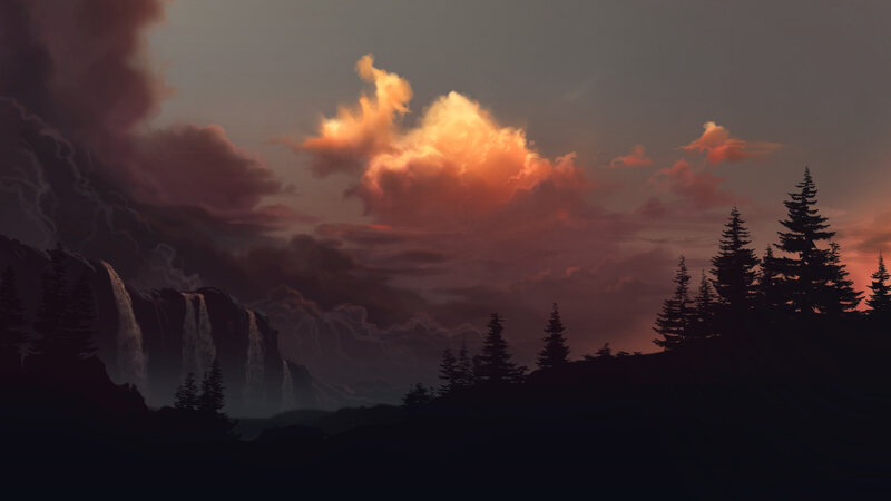 Mountain Waterfall at Dusk — Orange