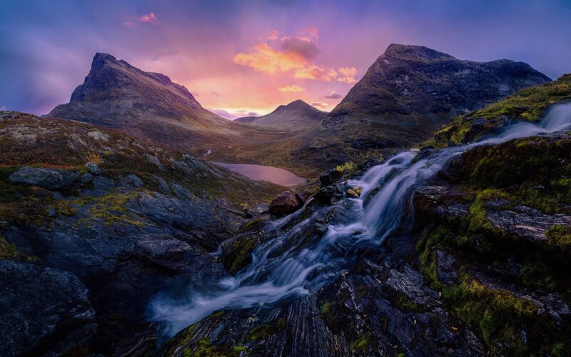 Mountain Waterfall at Dusk — Purple