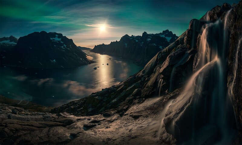 Mountain Waterfall at Night — Green