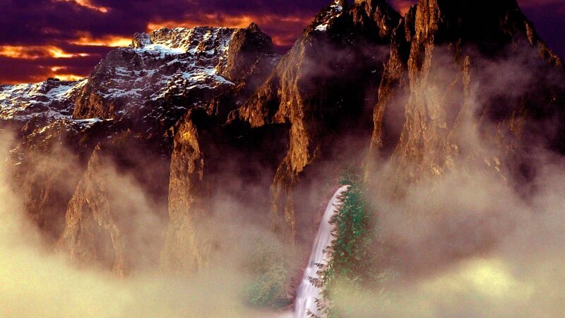 Mountain waterfall at sunset