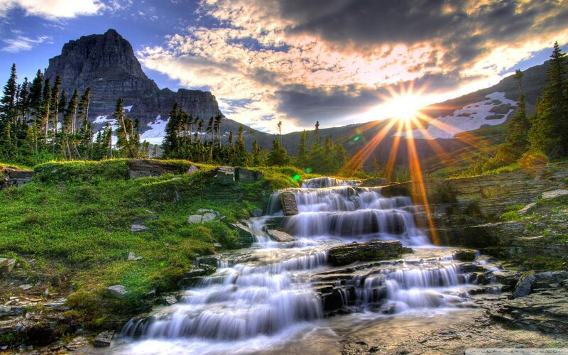 Mountain Waterfall at Sunset — Green, Dramatic, Photograph, Forest, Sun, Snow