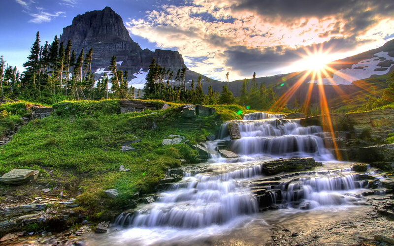Mountain Waterfall at Sunset — Green, Dramatic, Photograph, Forest