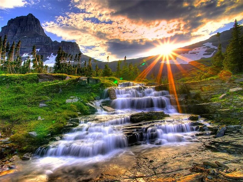 Mountain Waterfall at Sunset — Green, Dramatic, Photograph