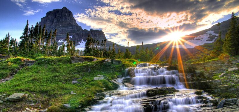 Mountain Waterfall at Sunset — Green, Dramatic