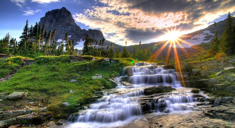 Mountain Waterfall at Sunset — Green