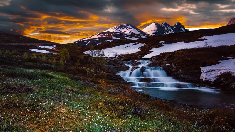Mountain Waterfall at Sunset — Orange