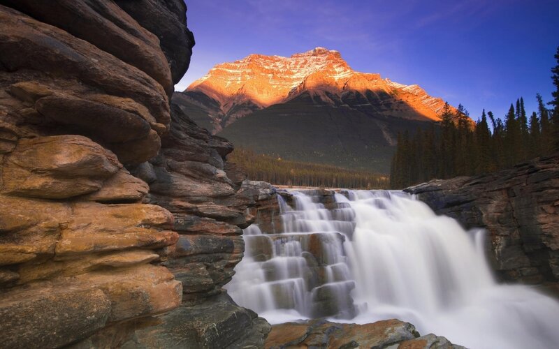 Mountain Waterfall — Blue, Dramatic, Sunset