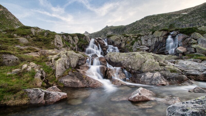 Mountain Waterfall — Blue, Serene, Afternoon, Photograph, Rocks