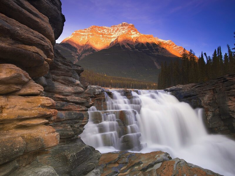 Mountain Waterfall — Blue, Serene, Sunset, Photograph