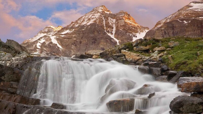 Mountain Waterfall — Blue, Serene, Sunset
