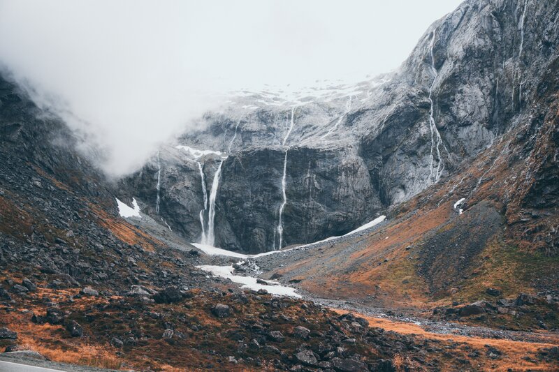 Mountain Waterfall — Gray, Dramatic, Autumn