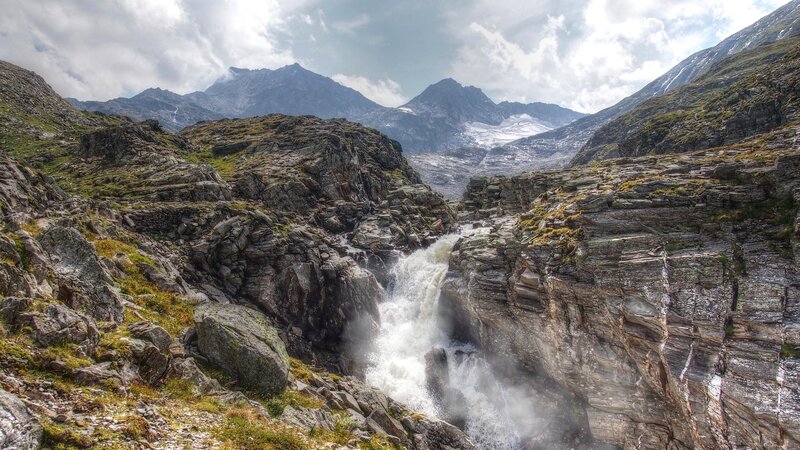 Mountain Waterfall — Gray, Dramatic