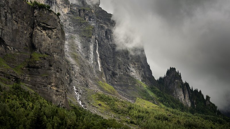 Mountain Waterfall — Green, Dramatic, Photograph