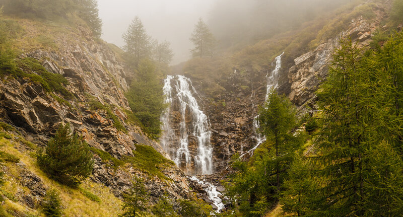Mountain Waterfall — Green, Misty