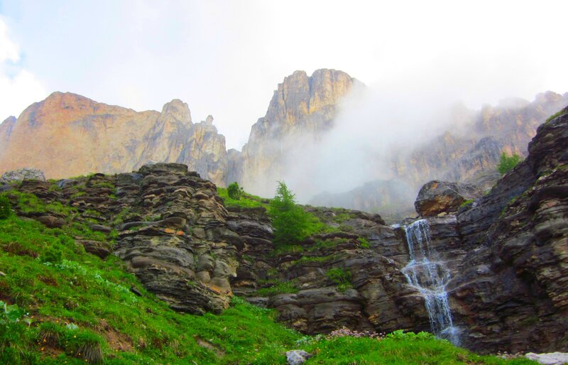 Mountain Waterfall — Green, Serene, Photograph, Mountains