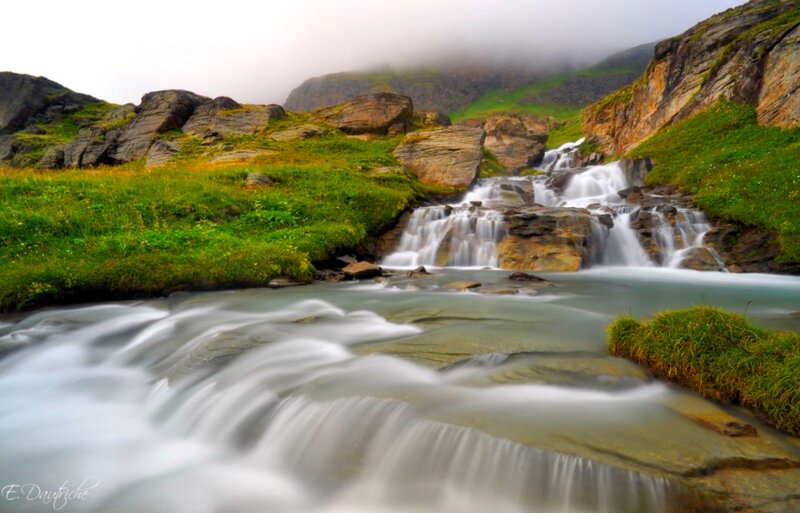 Mountain Waterfall — Green, Serene, Photograph